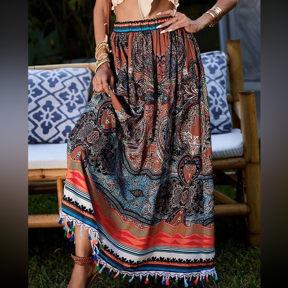 Paisley Print Tassel Trim Maxi Skirt